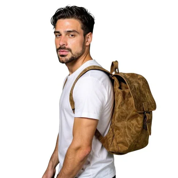 Vintage Brown Suede Backpack – Men’s Medium Bag, Casual Drawstring Style - Picture 1 of 11